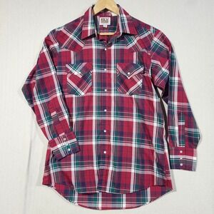 Ely Cattleman Mens Plaid Western Pearl Snap Shirt Red Green White Size M 15.5x33